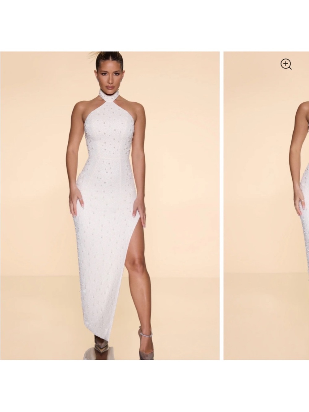 Oh Polly embellished White Halter High-Slit Evening Dress
